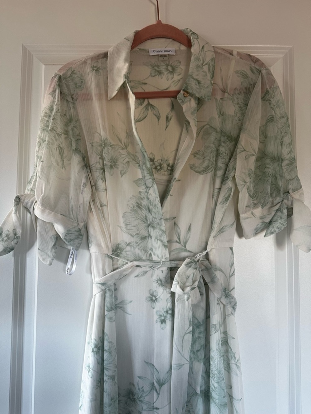 Calvin Klein Sheer Floral Wrap Maxi Dress in Cream and Soft Green
